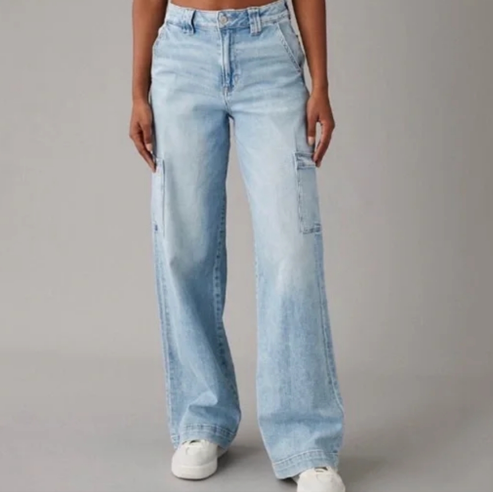 AMERICAN EAGLE Support high-Rise Baggy Wide Leg Cargo Pants Jeans 2 Long